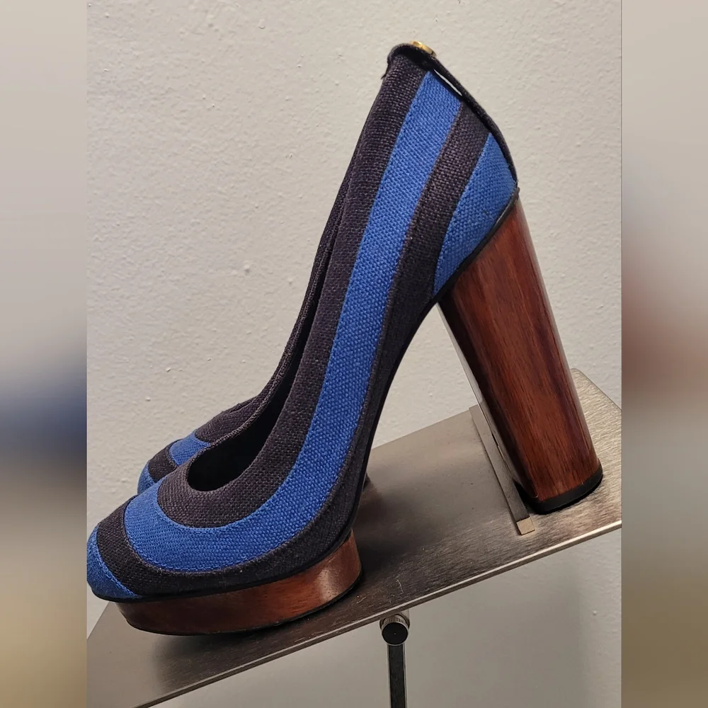 Tory Burch Black and Blue Wedges with Wooden Heel - Picture 3 of 9